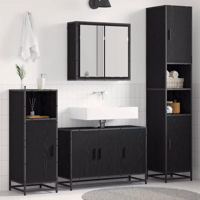 Set di mobili per il bagno moderno vidaXL in legno e metallo nero, composto da armadietto con specchio, mobile lavabo, colonna e mobile laterale, L/P/H: 90 x 33 x 188,5 cm