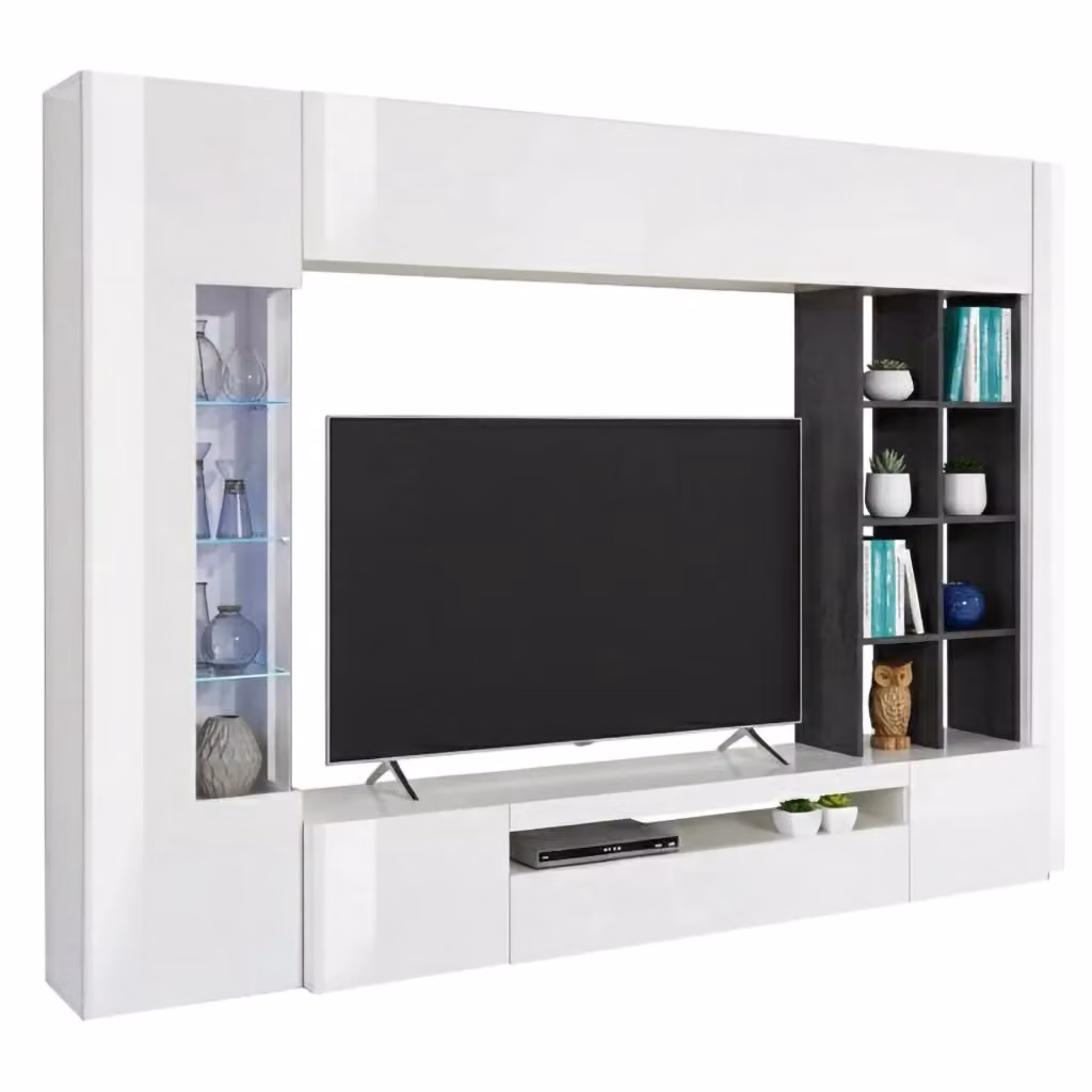 Parete Attrezzata per Soggiorno DMORA Moderna con Vetrine e Illuminazione Integrata, Bianco e Grigio Lucido, L: 290 cm, P: 40 cm, H: 192 cm – 2