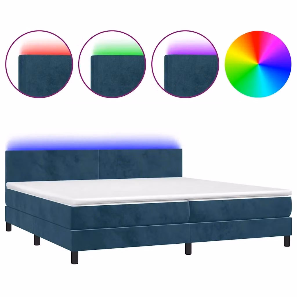 Letto a molle vidaXL con materasso, illuminazione LED sottostante e porte USB, rivestimento in velluto blu e bianco, L/P: 200 x 200 cm – 2