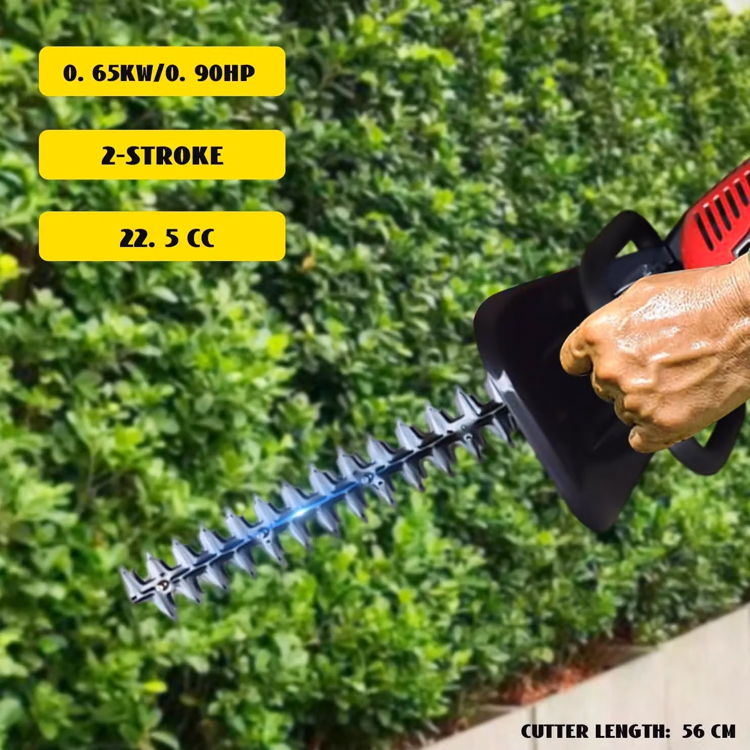 Tagliasiepi a benzina - 22,5 cm³; Trimmer a doppia lama - Motore a 2 tempi, monocilindrico - 0,65 kW / 0,90 CV - 9000 giri/min - Maniglia girevole a 180° - Colore: nero