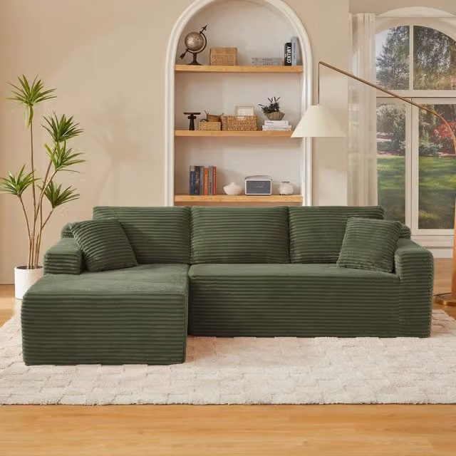 Divano modulare angolare con quattro configurazioni e cuscini removibili in schiuma e molle, verde