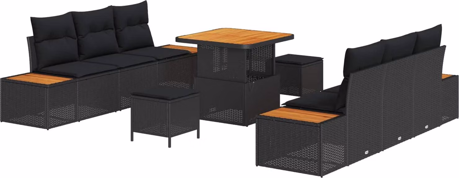 Set Divano da Giardino 9 pcs Nero polyrattan
