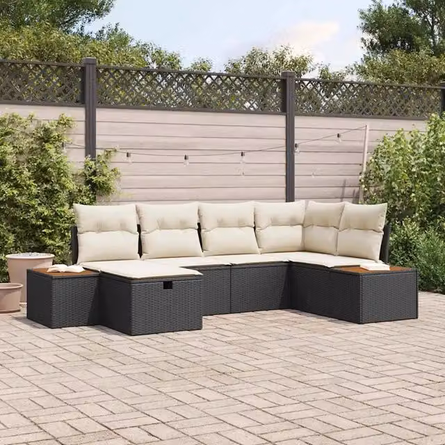 Set da giardino moderno vidaXL a 6 posti in rattan nero con struttura in acciaio e cuscini inclusi – 1