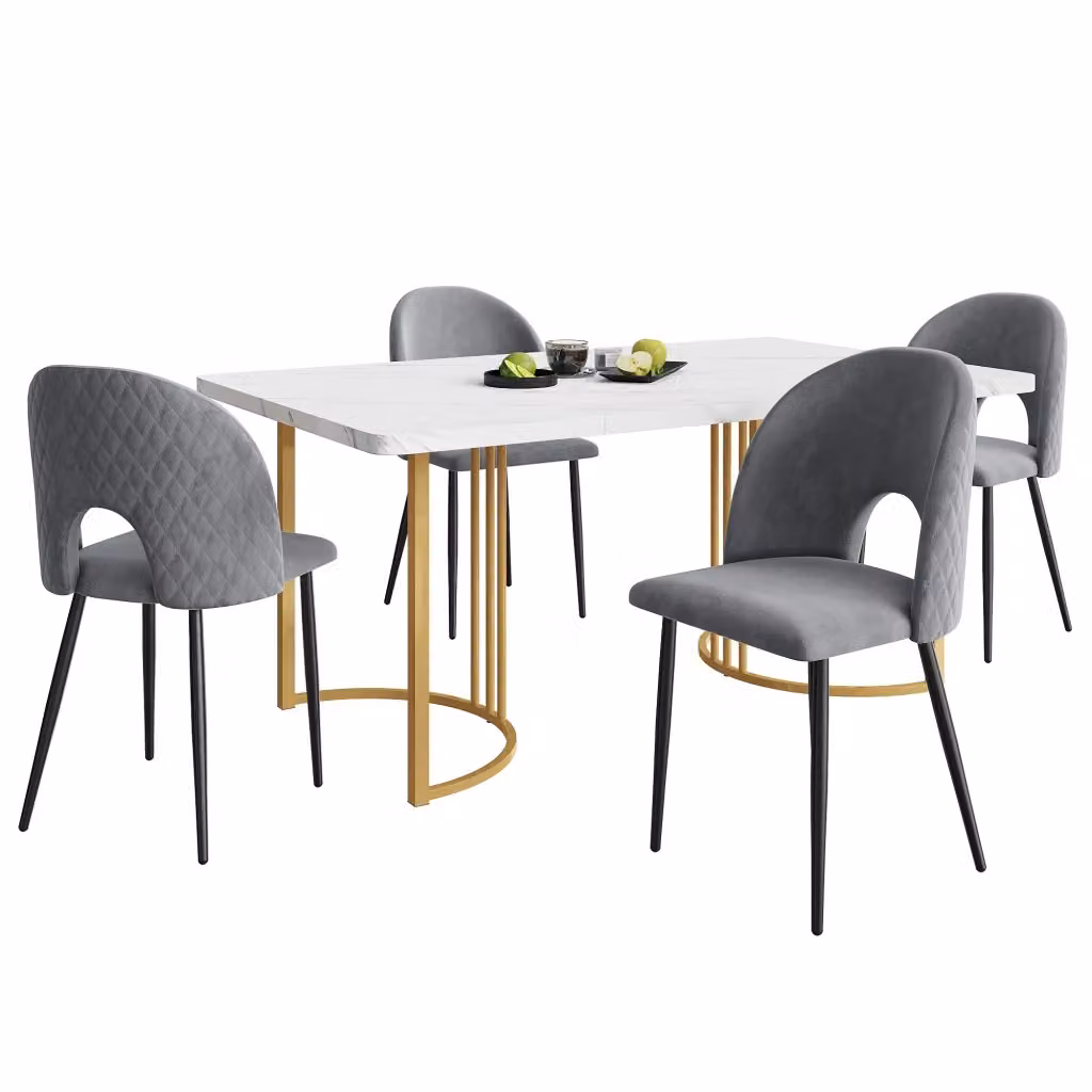Set da pranzo Minimal composto da tavolo allungabile e 4 sedie in velluto grigio con piano bianco e gambe dorate L/P: 140 x 80 cm, H: 75 cm – 2