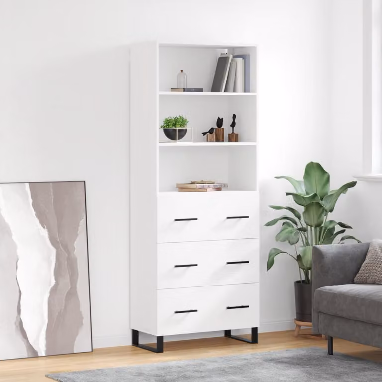 Credenza moderna vidaXL in legno multistrato e metallo, colore bianco opaco, L: 69,5 cm, P: 34 cm, H: 180 cm