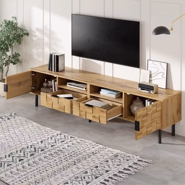Mobile TV moderno WISHDOR in stile mosaico con effetto legno naturale marrone e dettagli neri, dotato di 2 ante, 2 cassetti, 2 vani aperti e piedini in metallo, L: 160 cm, P: 35 cm, H: 42,5 cm