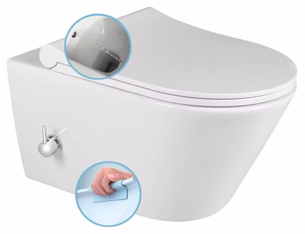 AVVA CLEANWASH WC sospeso, con rubinetto e doccia bidet, senza bordo, 35,5x53 cm, bianco