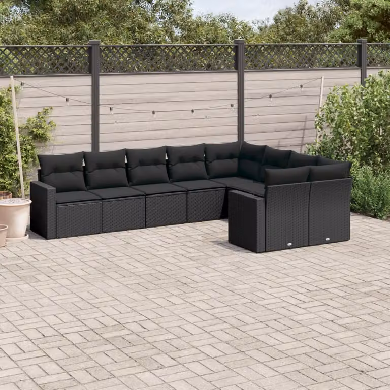 Set Divani da Giardino a L vidaXL 9 pz con Cuscini Nero in Polyrattan e Acciaio