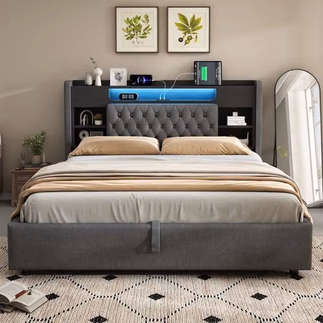 Letto imbottito REDOM grigio con illuminazione LED, porte USB e USB-C, contenitore a sollevamento, L/P/H: 140 x 200 x 115 cm