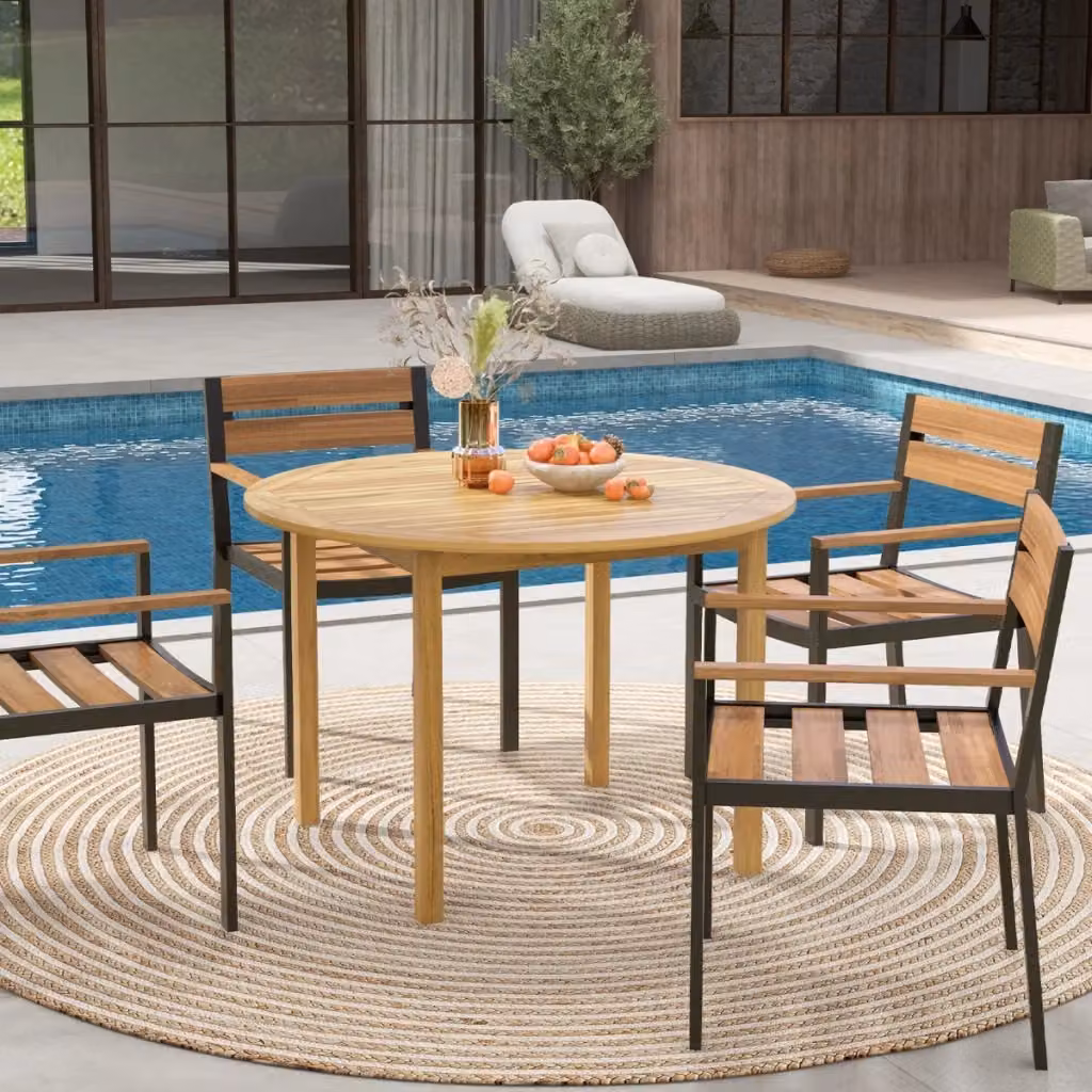 Tavolo da pranzo rotondo in legno di acacia oliato marrone per interni ed esterni, Diametro: 110 cm, Altezza: 75 cm – 2