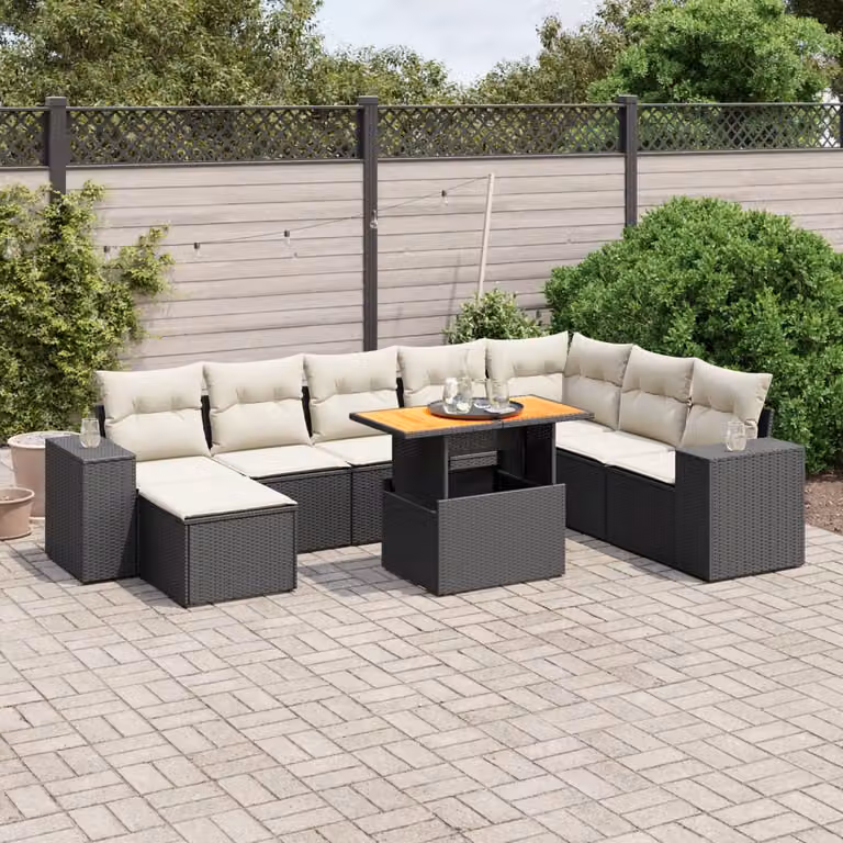 vidaXL Set Divani da Giardino 9 pz a Forma a U con Cuscini Impermeabili e Tavolino Nero in Polyrattan e Acciaio