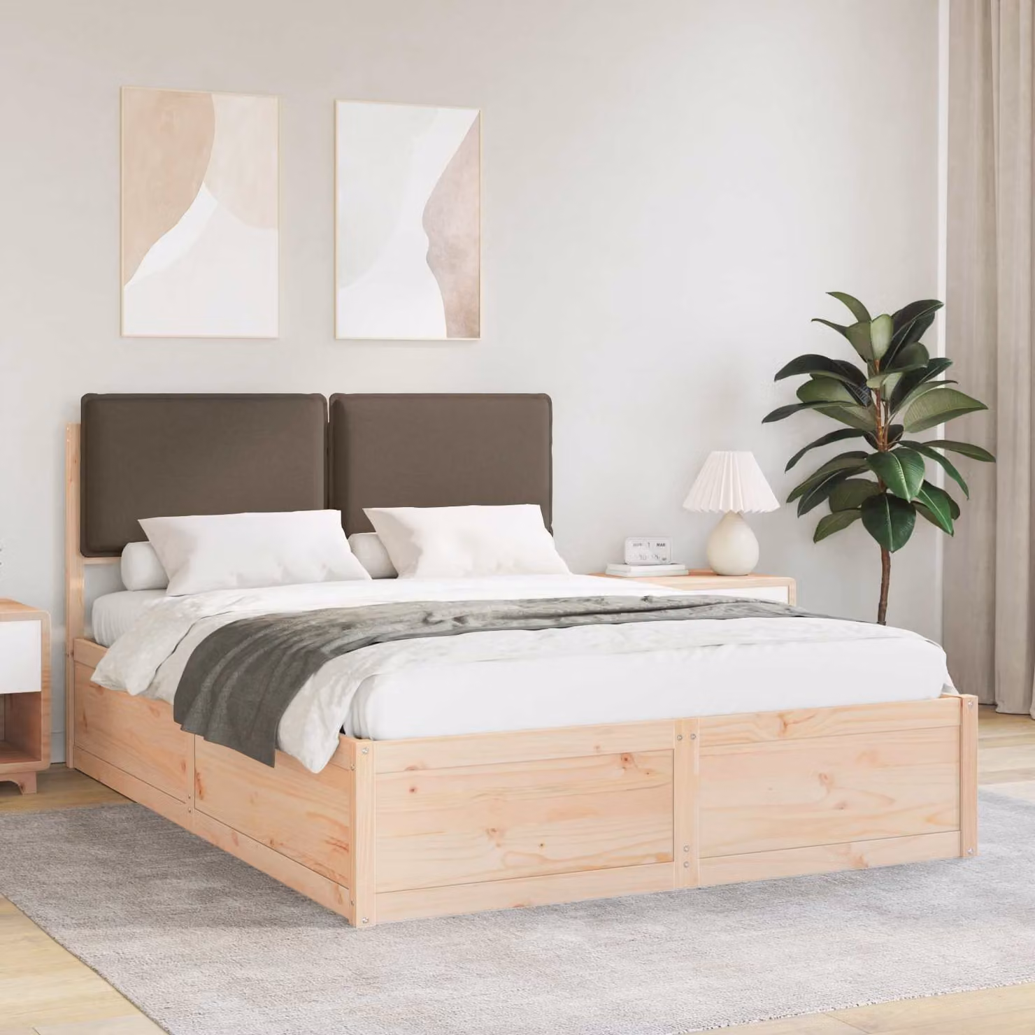 Letto con Testiera Rivestita in Tessuto e Struttura in Pino Massello vidaXL, L/P/H: 140 x 200 x 93 cm, Colore Beige/Grigio – 1
