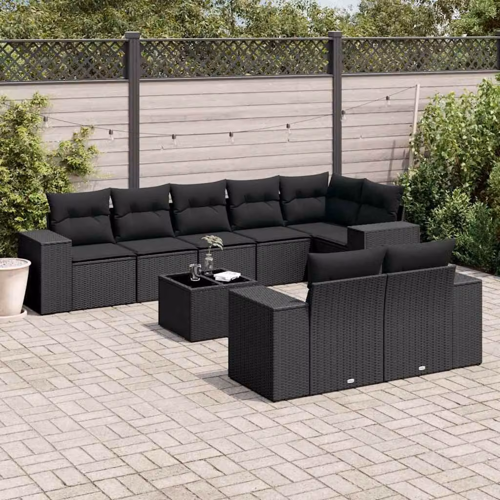 Set di divani da giardino vidaXL in polyrattan nero con cuscini, tavolo da caffè e struttura a L per esterno – 1