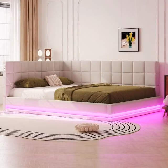 Divano letto imbottito 160x200 con luci LED; USB; rete a doghe; lino; beige