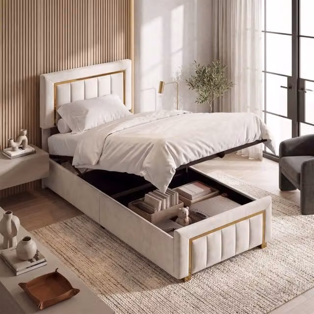 Letto singolo 90x200 cm con contenitore sollevamento idraulico testiera in legno rete a doghe velluto - beige