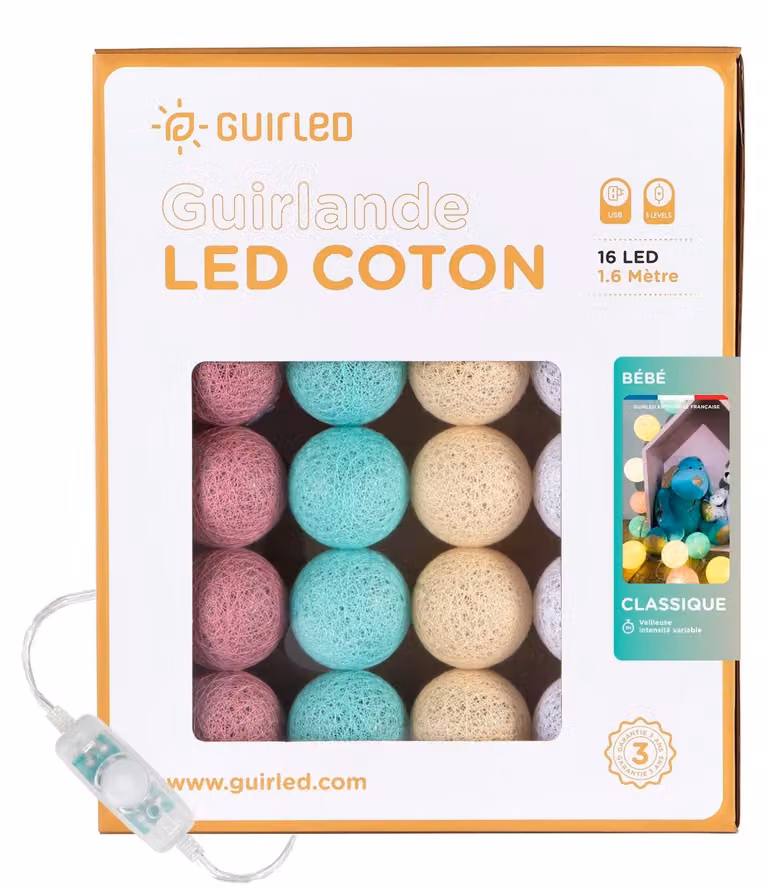 Catena luminosa con palline di cotone, alimentazione USB, 16 palline, dimmerabile, lunghezza 3,2 metri