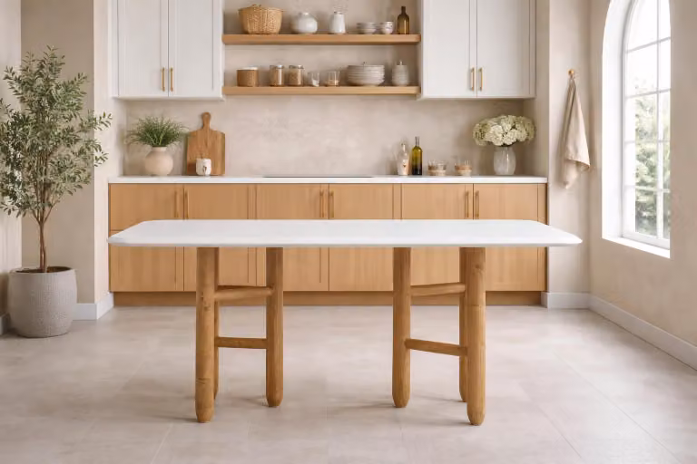Tavolo da pranzo elegante, realizzato con legno di alta qualità e dotato di un piano in legno bianco di pregio