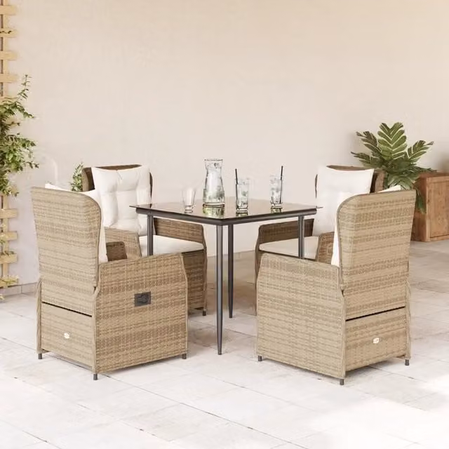 Set da pranzo da giardino vidaXL in polyrattan con tavolo in vetro e 5 sedie con cuscini beige