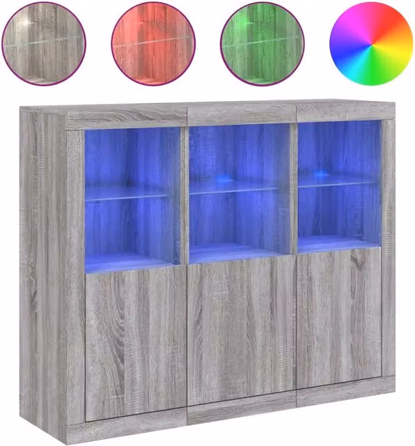 Credenze con Luci LED 3 pz | Madia | Buffet da pranzo | Armadio da pranzo Grigio Sonoma in Legno Multistrato