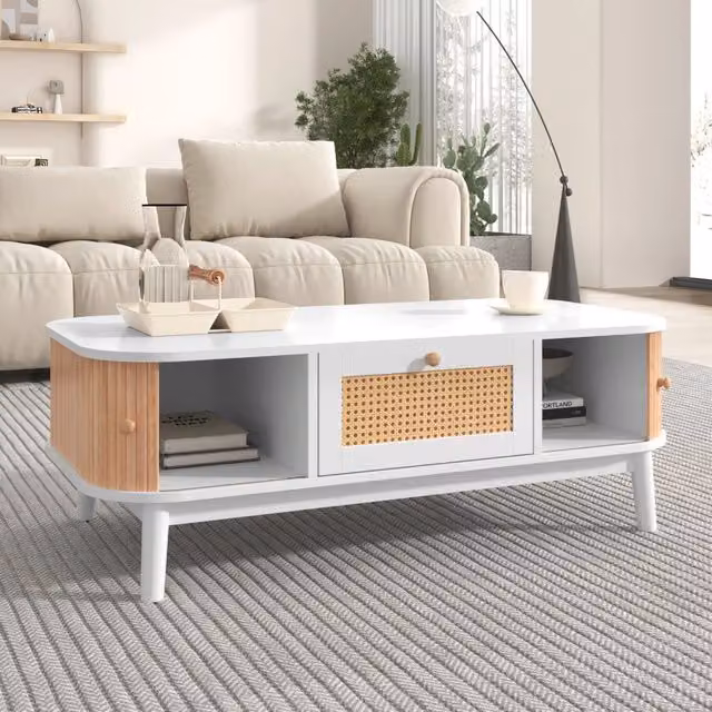 Tavolino da caffè Zephmum in rattan e legno massello con cassetti e ante scorrevoli, stile rustico naturale, colori bianco e marrone, L: 55 cm, P: 38,5 cm, H: 55 cm