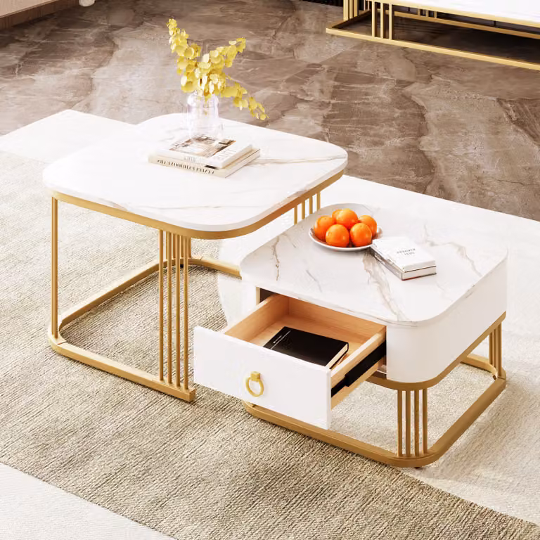 OKWISH Tavolino moderno a 2 pezzi con piano in vetro effetto marmo - Struttura in metallo bianco e oro - 60x60x45 + 50x50x34 cm