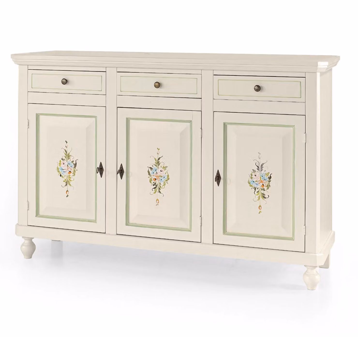 Madia credenza Napoletana Mobili 2G con 3 ante, bianco con decori e profili verdi, L: 150 cm, P: 43 cm, H: 98 cm – 1