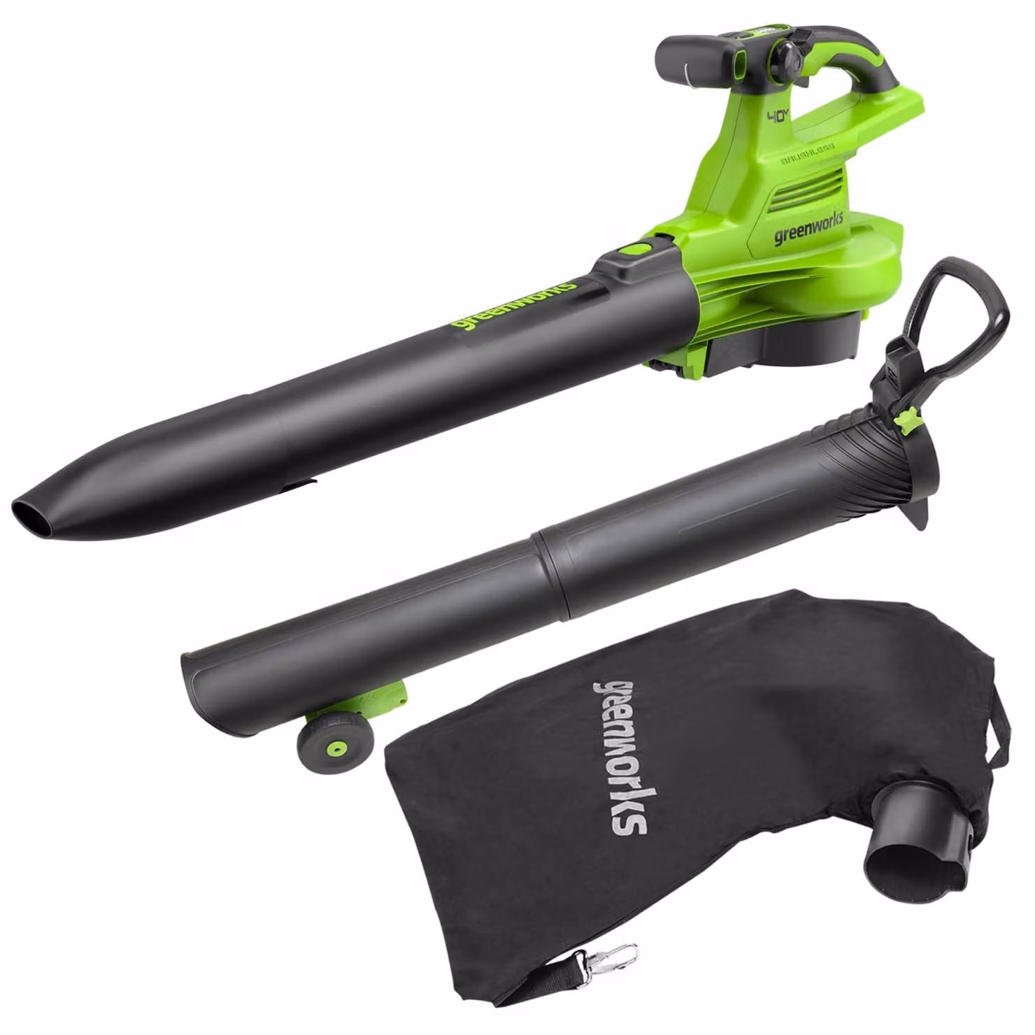 Aspirafoglie/soffiatore a batteria Greenworks da 40V, con motore brushless, velocità fino a 370 km/h, modello 14
