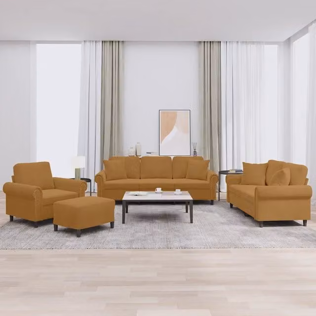 Set di divani 4 pezzi vidaXL in velluto marrone con pouf e cuscini per soggiorno – 1