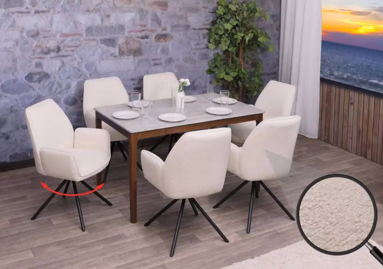 Set di 6 sedie da pranzo modello HWC-G67, sedia per cucina con braccioli, girevole, con sistema di auto-blocco, rivestita in tessuto bouclé color crema (MVG)