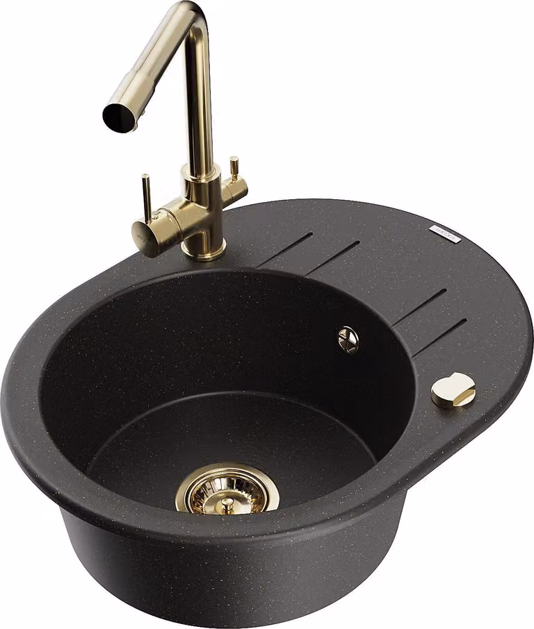 Mexen Kevin lavello in granito a 1 vasca con scolapiatti e rubinetto da cucina Duero, nero/oro metallizzato - 6517-75-671600-50