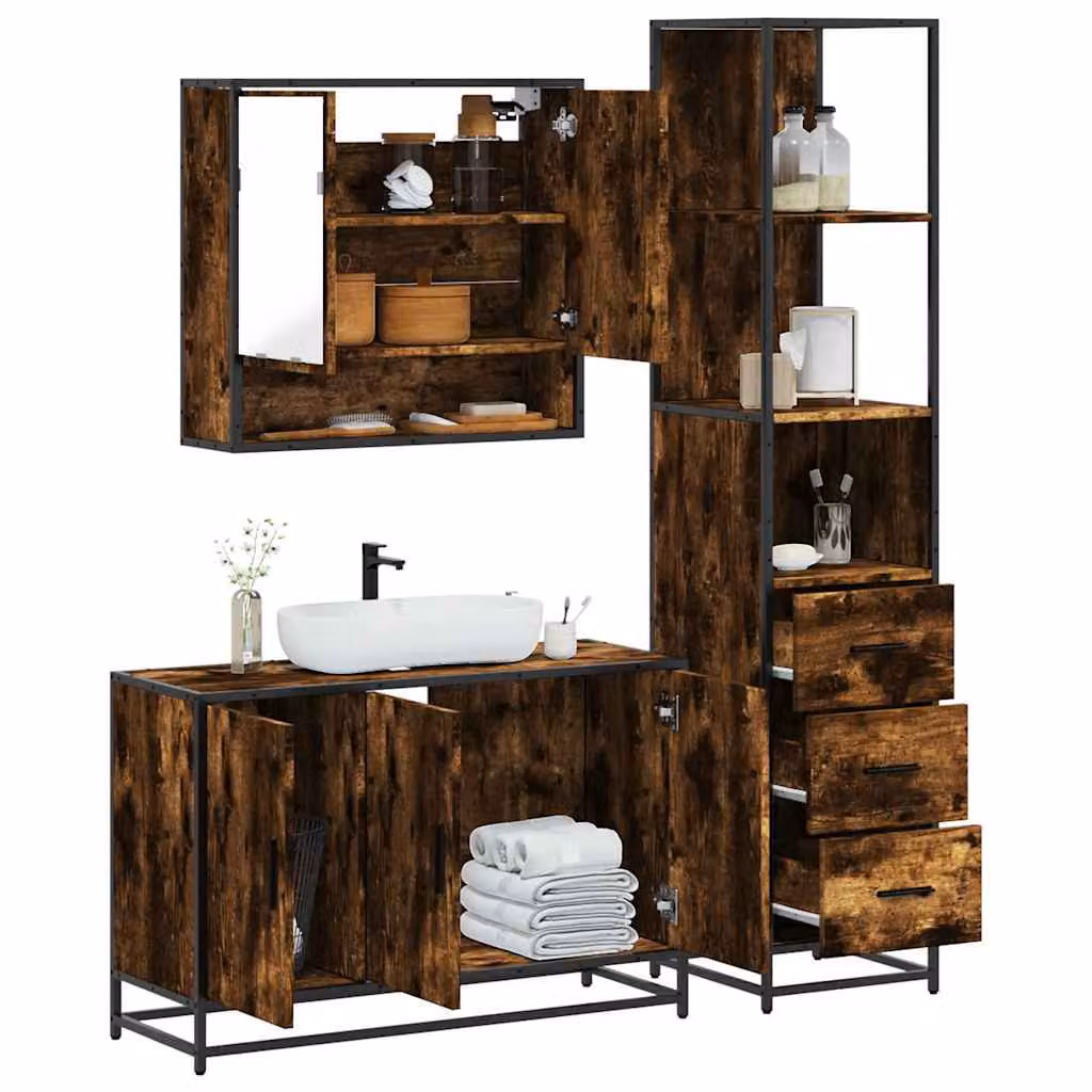 Set di mobili da bagno industrial vidaXL in legno e metallo color rovere marrone, composto da mobile lavabo, armadietto alto e pensile con specchio, L/P/H: 90 x 33 x 60 cm