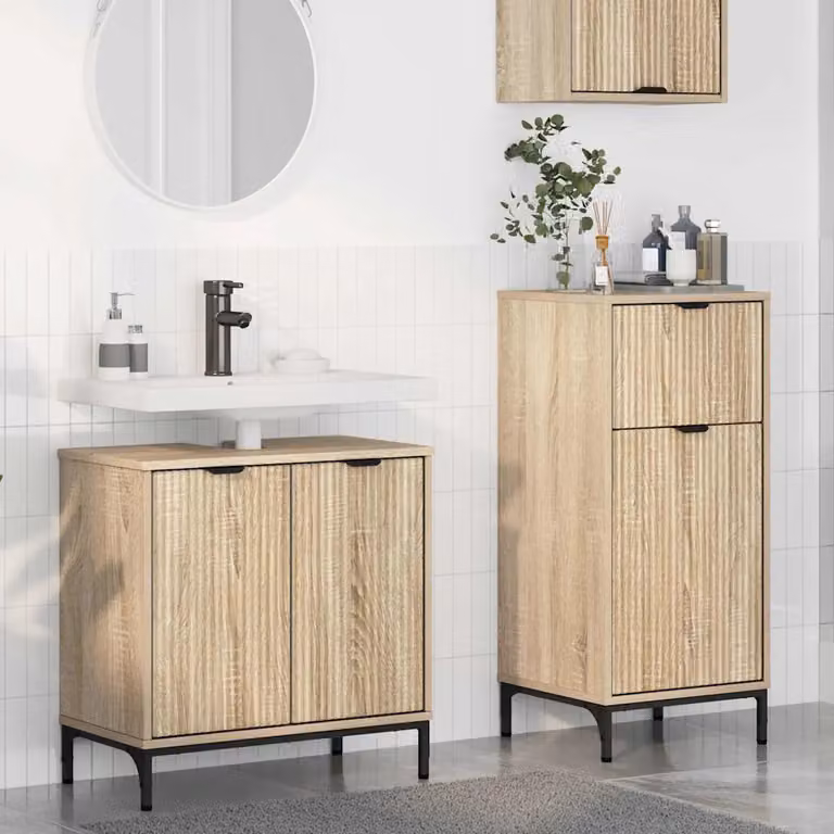 Set di mobili da bagno moderni vidaXL in legno e metallo marrone, composto da mobile lavabo e mobiletto laterale con ante a battente e ripiani interni, freestanding
