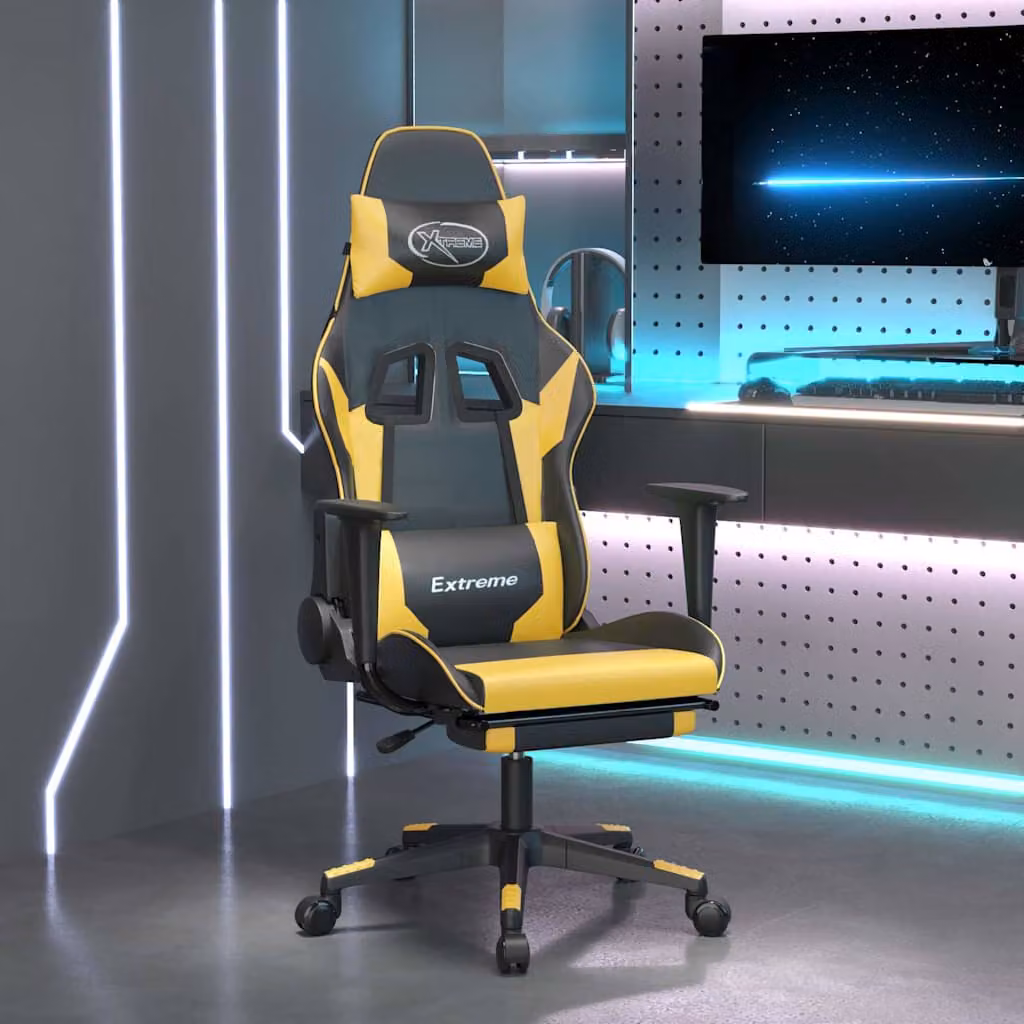 Sedia da Gaming vidaXL con Poggiapiedi e Massaggio, Nero e Oro in Similpelle