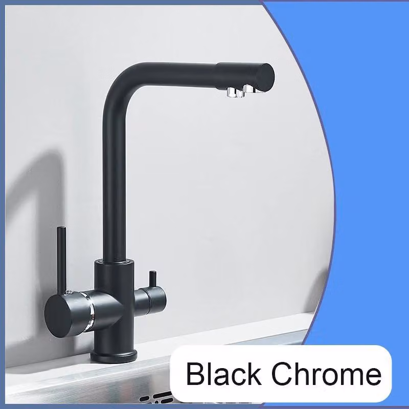 Miscelatore per cucina con filtro dell'acqua - Miscelatore a due manopole - Acqua calda e fredda - Bocchetta girevole a 360° - Installazione su foro singolo - Nero cromato