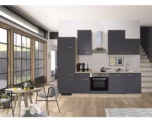 Mobile cucina con elettrodomestici Flex Well Tiago 280 cm colore frontale grigio basalto opaco colore mobile rovere san remo chiaro