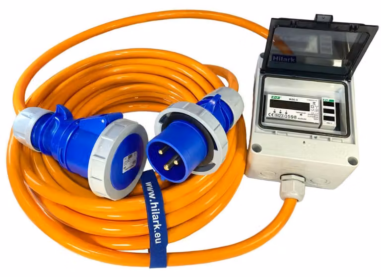 Cavo di prolunga per corrente forte CEE, adatto per camper, 32A, PUR, H07BQ-F, 5x4mm2, grado di protezione IP65, con contatore di energia e voltmetro, lunghezza 15 metri