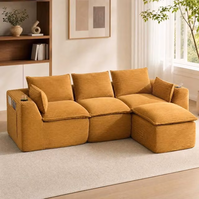 Divano modulare 3 posti 256x161x75 cm in tessuto arancione con pouf e tasche laterali –