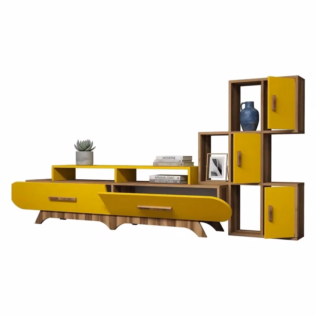 Parete Attrezzata Modulabile DMORA per Soggiorno Moderno, Marrone e Giallo – 2