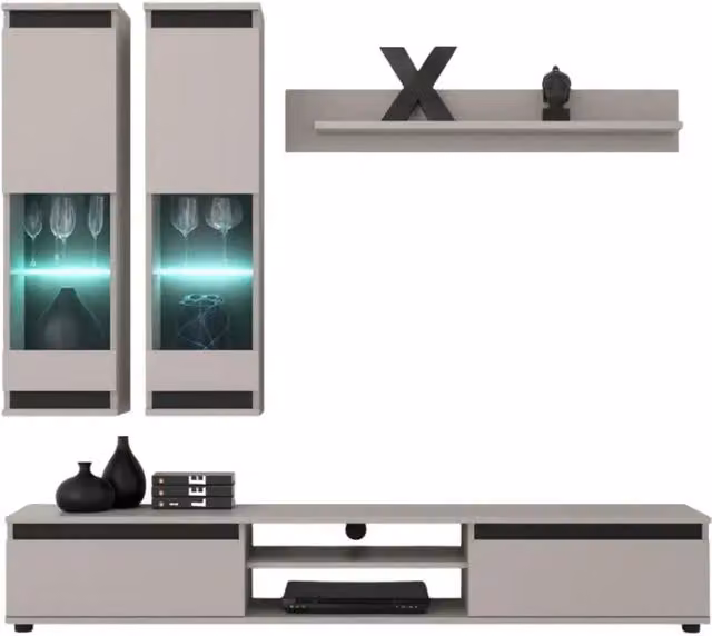 Composizione murale DOMO - Mobile TV, 2 vetrine sospese e 1 mensola da muro - Cashmere