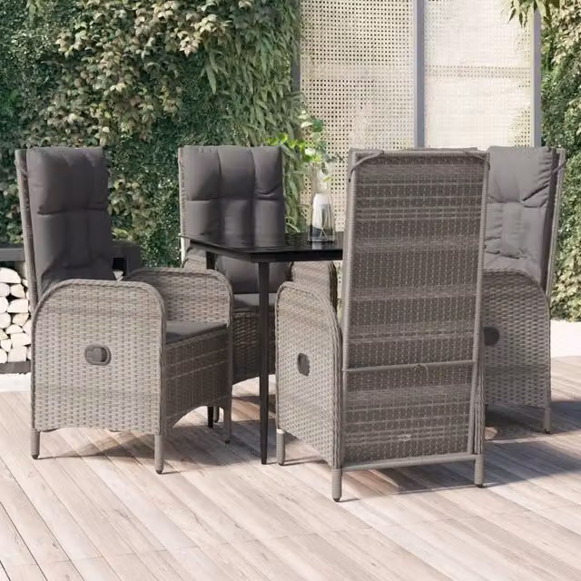 Set da Pranzo Giardino 5pz Nero e Grigio con Cuscini Polyrattan 3185178