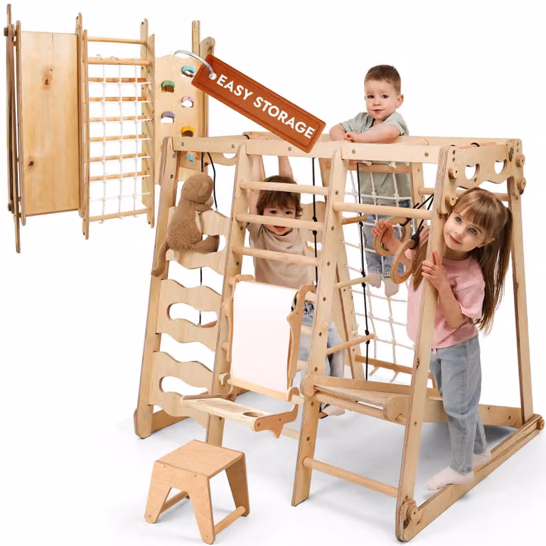 Struttura da arrampicata 9 in 1 migliorata per interni: parco giochi Montessori con scivolo, altalena, parete da arrampicata, triangolo da arrampicata e set artistico per la cameretta dei bambini