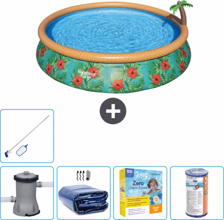 Piscina gonfiabile rotonda Bestway ad ambientazione rapida - Paradise Print - 457 x 84 cm - inclusa pompa - tenda - pacchetto manutenzione - filtro - kit pulizia