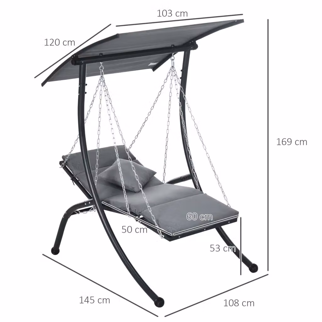 Dondolo da giardino WISHDOR per 2 persone con tettuccio parasole regolabile e cuscini, convertibile in letto, struttura in acciaio grigio L: 169 cm, P: 145 cm, H: 120 cm – 2