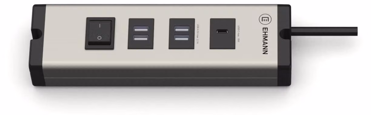 EHMANN 0601x04032031, multipresa con caricatore, alluminio, 4 porte USB-A + 1 porta USB-C