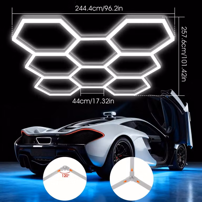 Lampada a LED esagonale per garage - 8 elementi esagonali - Elevata luminosità - Montaggio fai-da-te - Connettore a spina - Adatta per uso industriale - Corpo in ABS