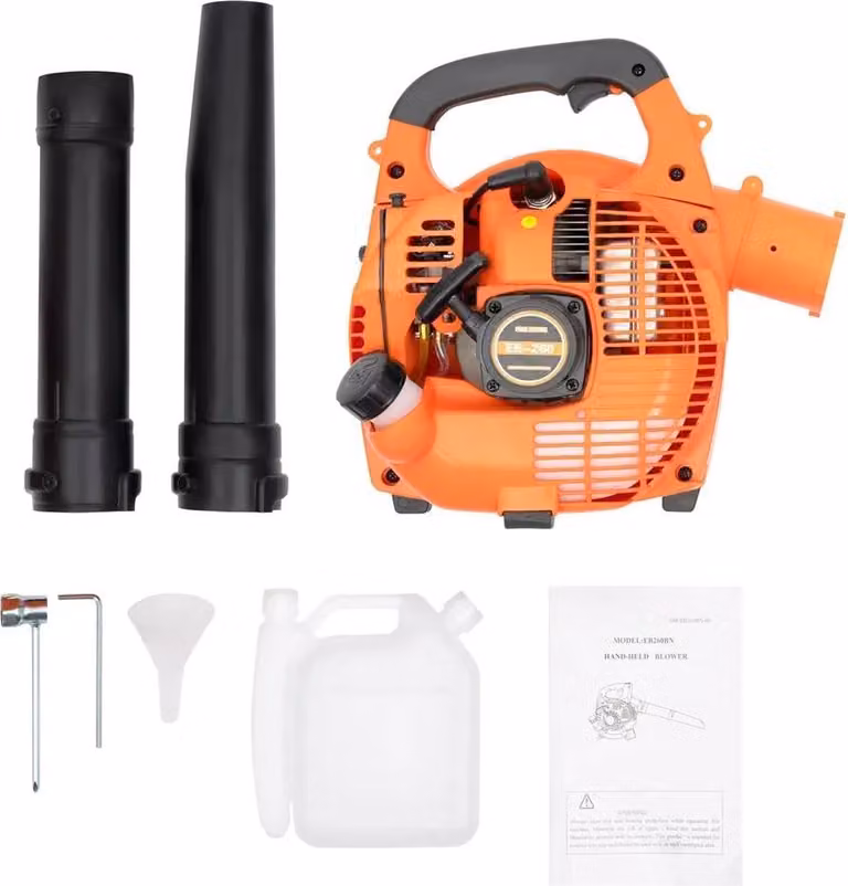 Soffiatore a batteria - Soffiatore a benzina - Cilindrata di 25,4 cm³ - Potenza del motore di 0,75 kW - Flusso d'aria potente per foglie, neve e polvere - Spina di tipo europeo - Colore: arancione