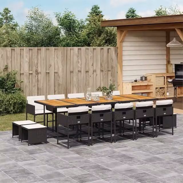 Set da Pranzo da Giardino vidaXL in Polyrattan Nero con Cuscini, 15 Pezzi