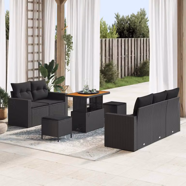 Set Divano da Giardino vidaXL 8 Pezzi con Cuscini e Tavolino Nero in Polyrattan e Acciaio