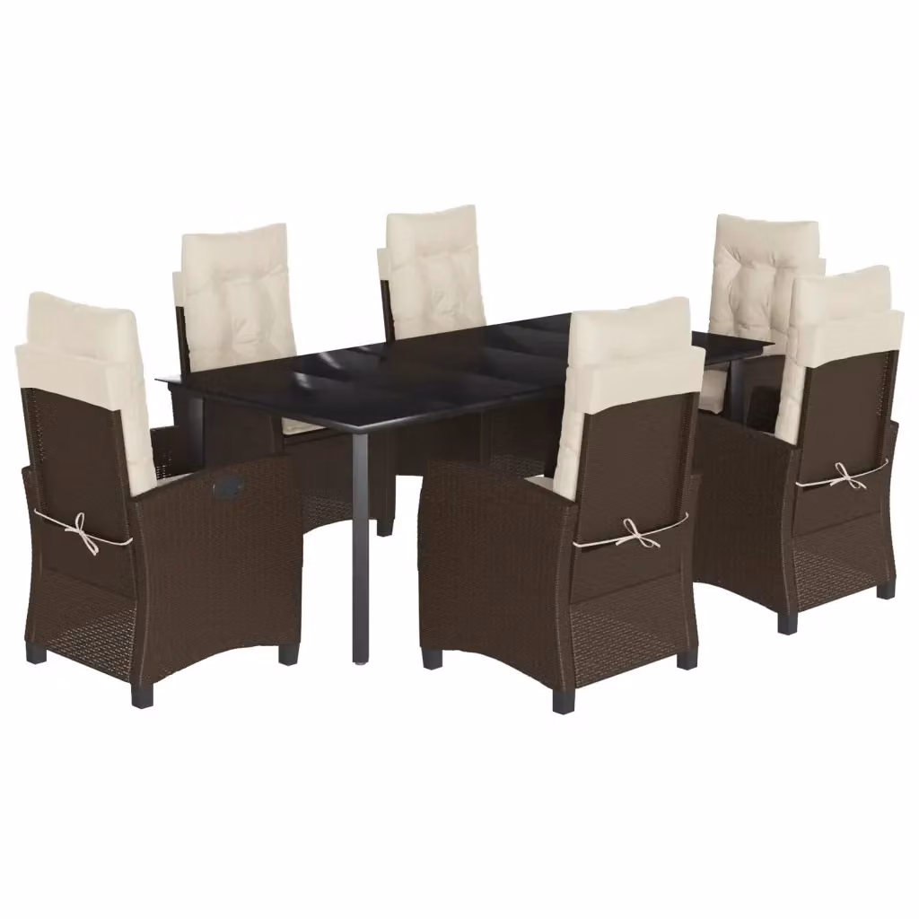 Set da Pranzo da Giardino 7 Pezzi vidaXL in Polyrattan Marrone con Tavolo in Vetro e Cuscini – 2