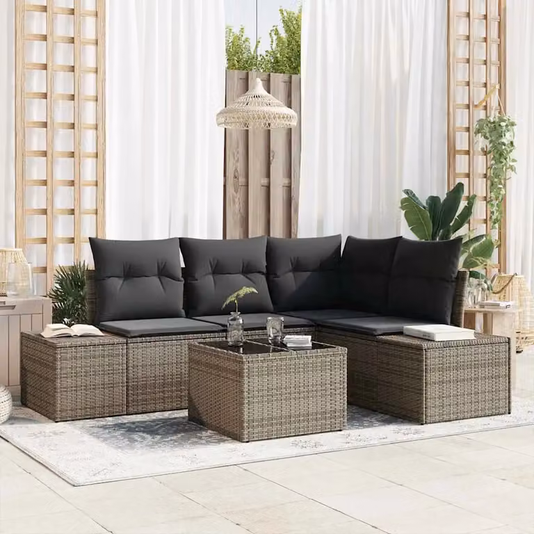 Set Divano da Giardino a L con Tavolino vidaXL Grigio, Struttura in Acciaio e Polyrattan con Cuscini Inclusi
